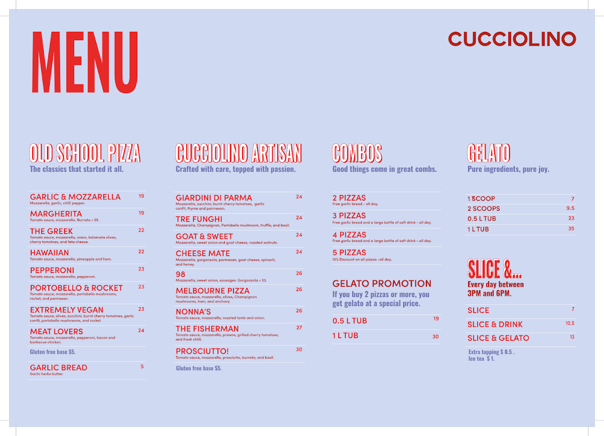 Menu, CUCCIOLINO Pizza and Gelato hampton
