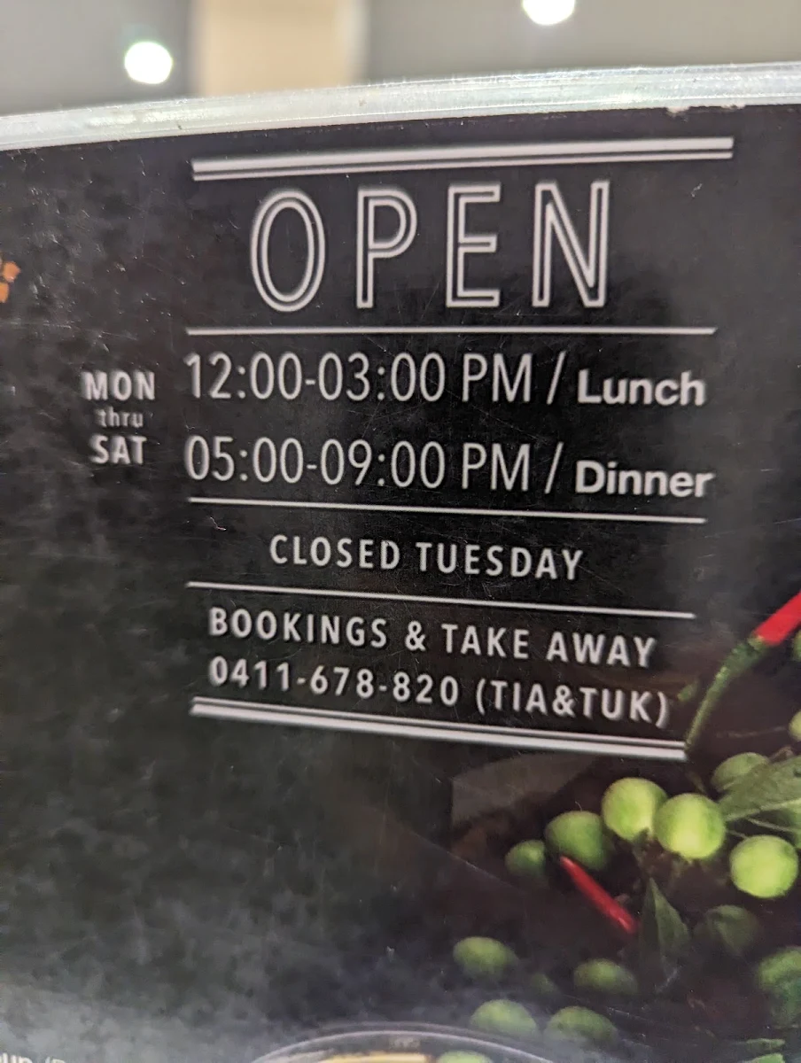 Menu, Thai Restaurant at Oberon Golf Club