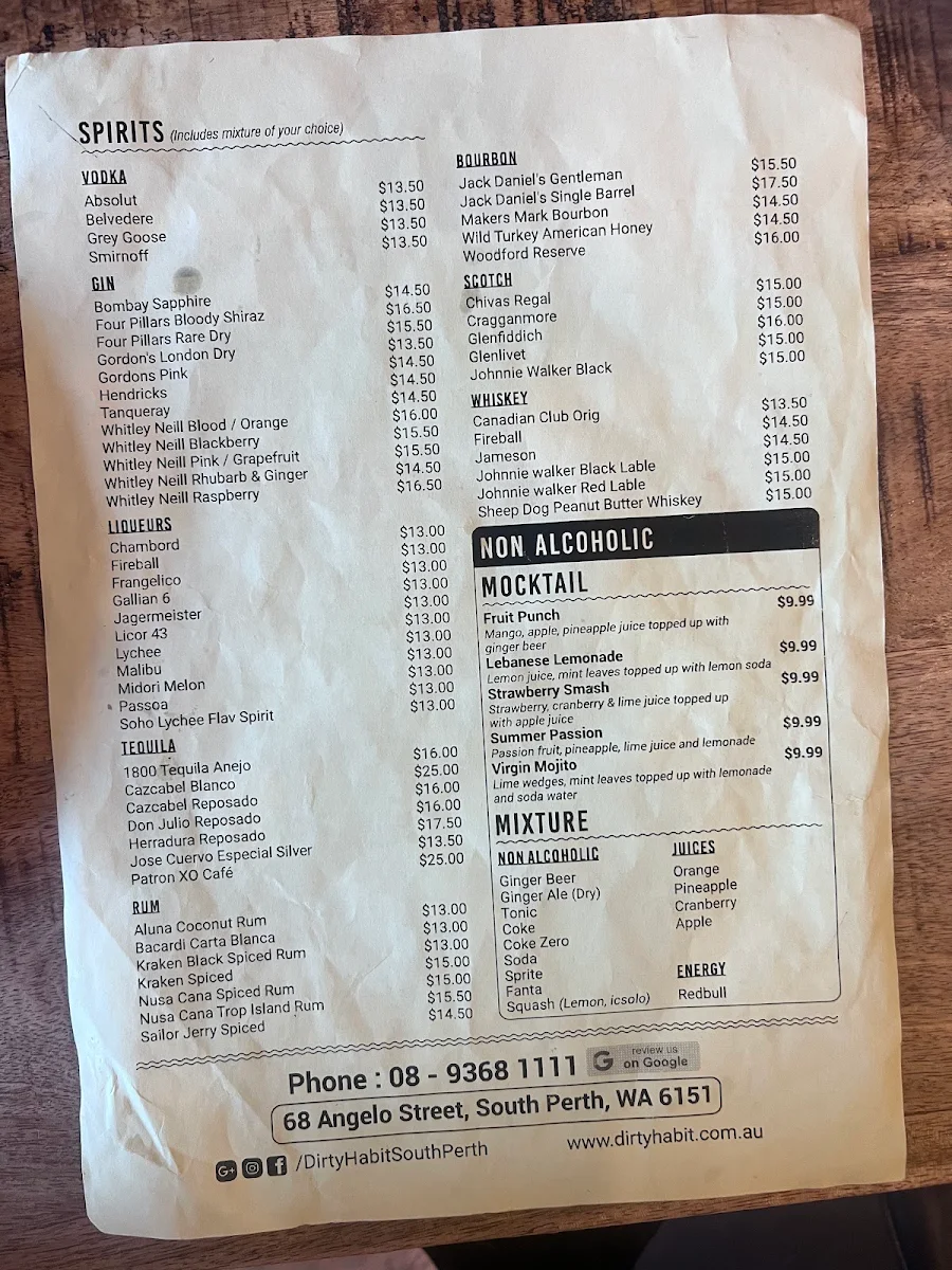 Menu, Dirty Habit ( South Perth )