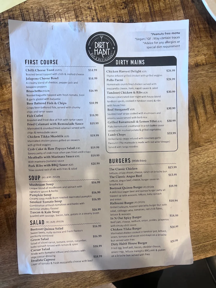Menu, Dirty Habit ( South Perth )