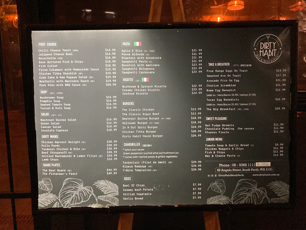 Menu, Dirty Habit ( South Perth )