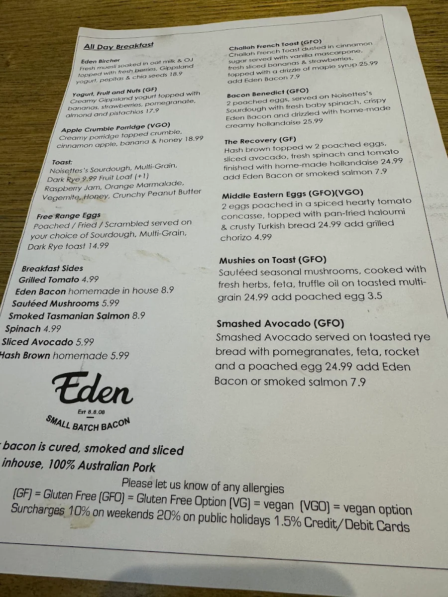Menu, Eden Espresso