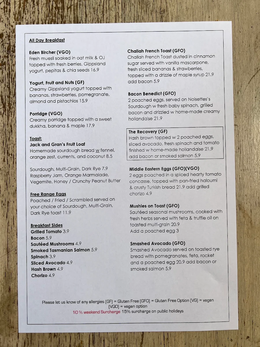 Menu, Eden Espresso