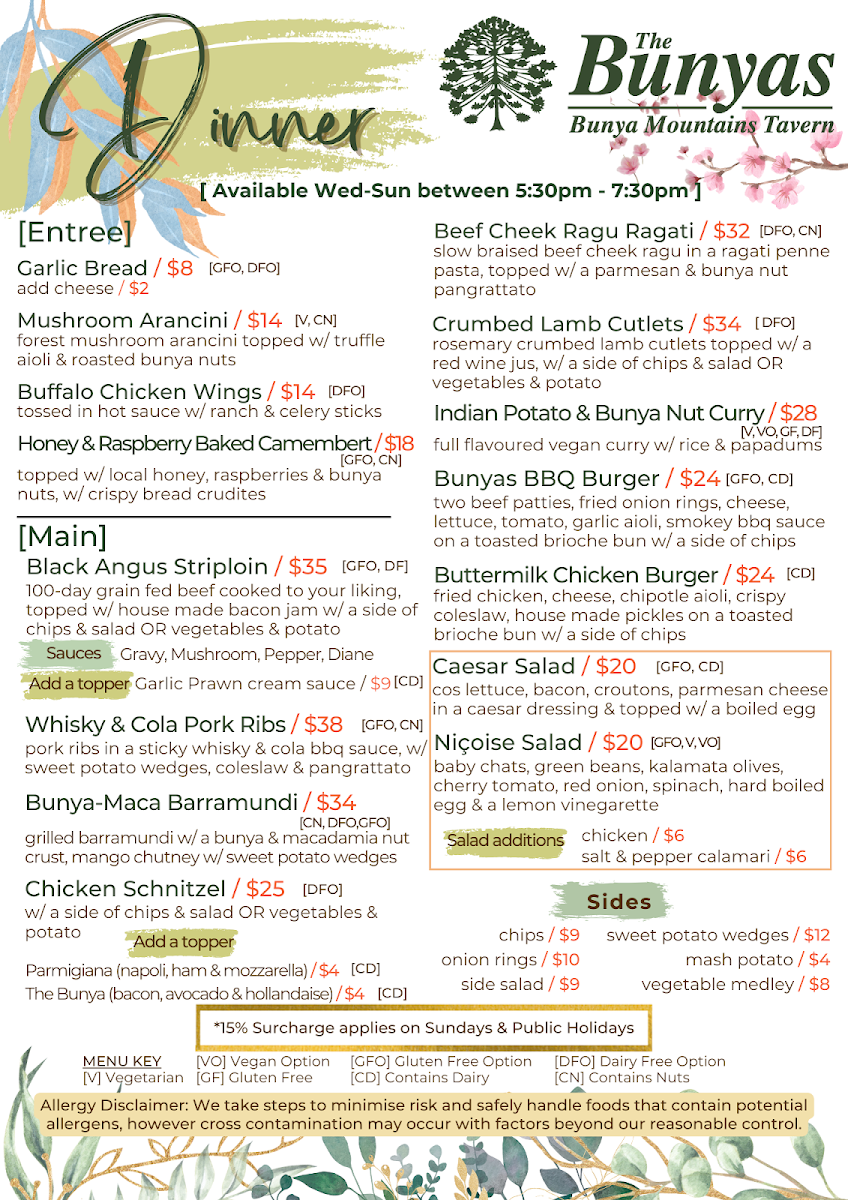 Menu, Bunya Mountains Tavern