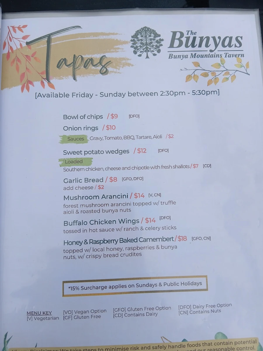 Menu, Bunya Mountains Tavern
