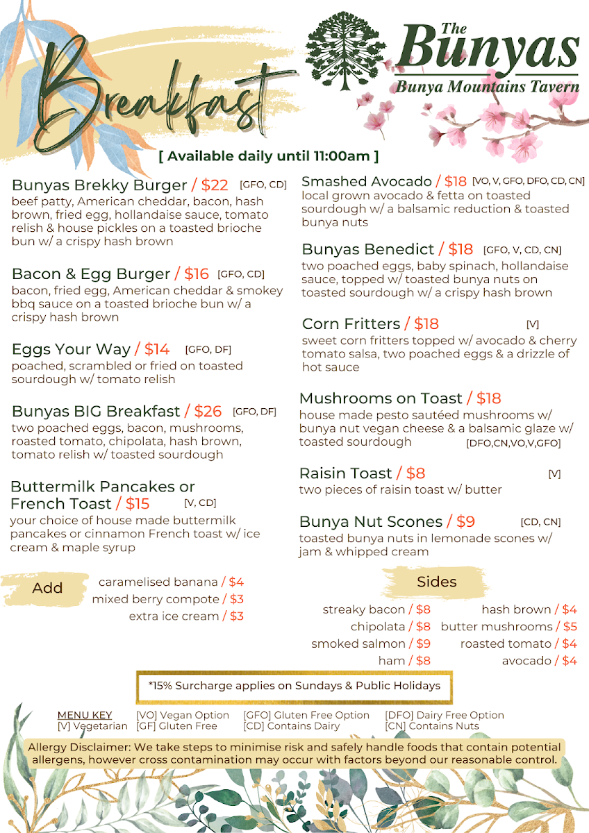 Menu, Bunya Mountains Tavern