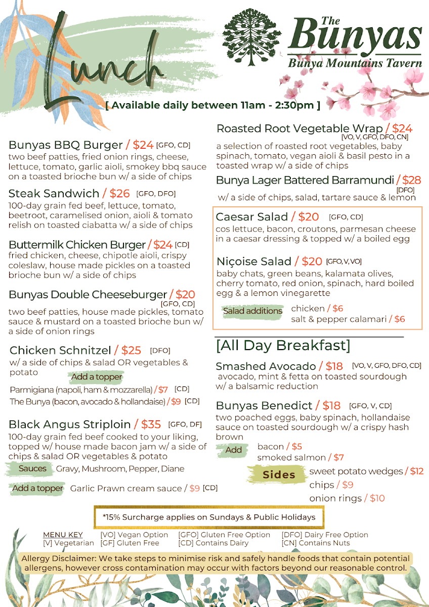 Menu, Bunya Mountains Tavern