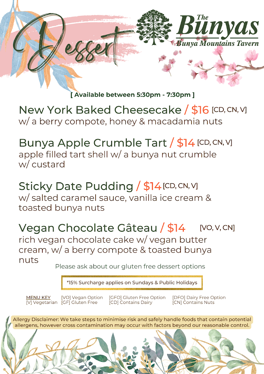 Menu, Bunya Mountains Tavern