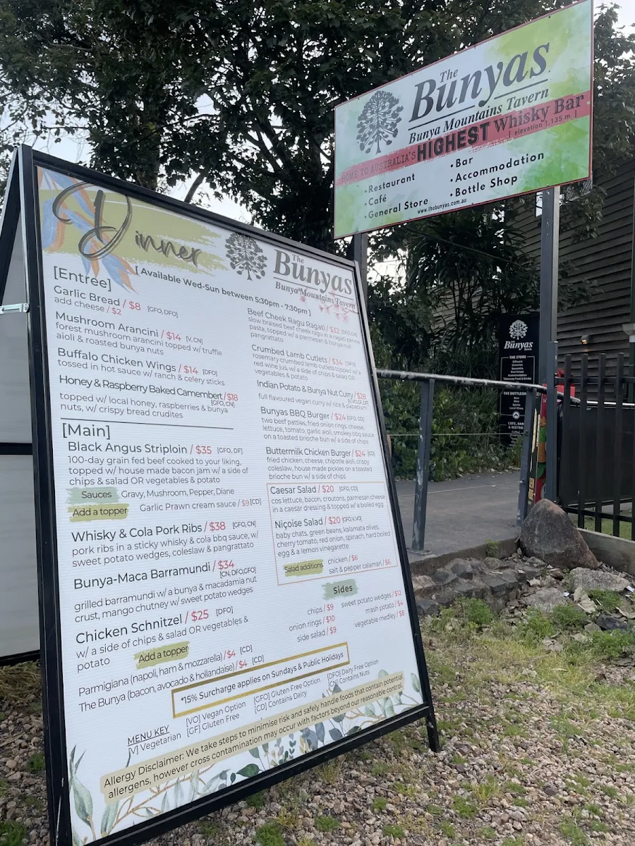 Menu, Bunya Mountains Tavern