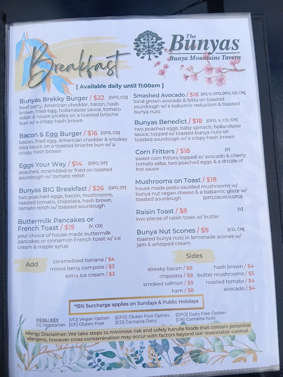 Menu, Bunya Mountains Tavern