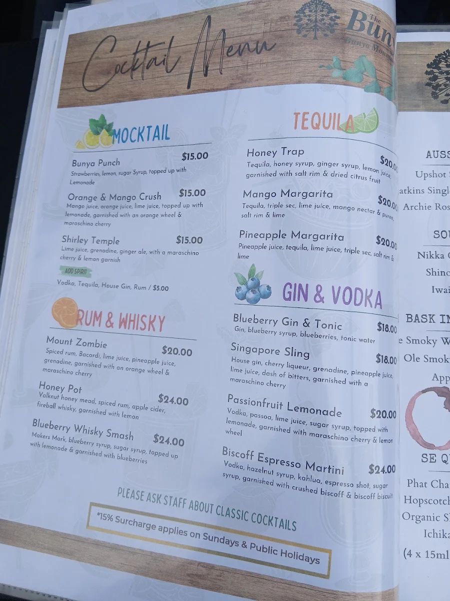 Menu, Bunya Mountains Tavern