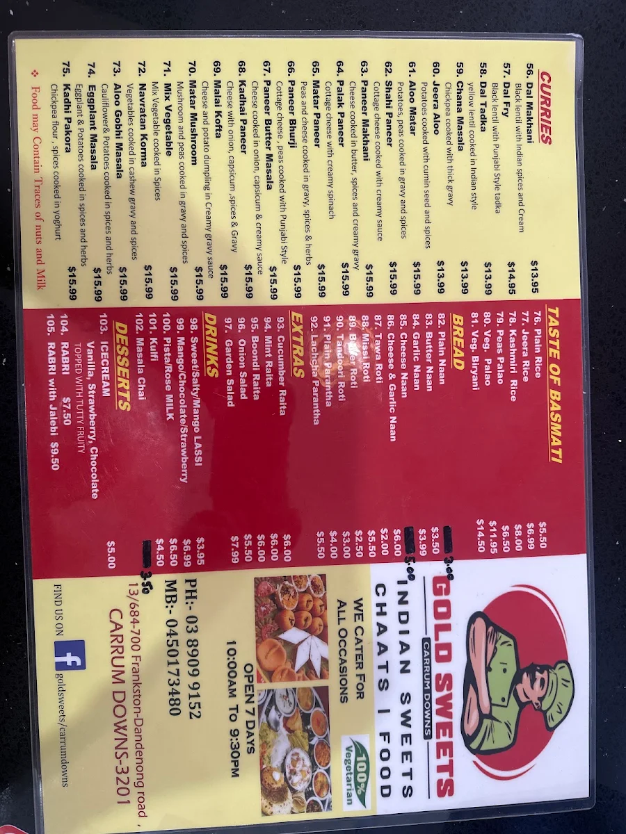 Menu, Gold Sweets Carrum Downs