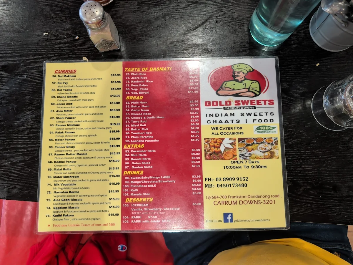 Menu, Gold Sweets Carrum Downs