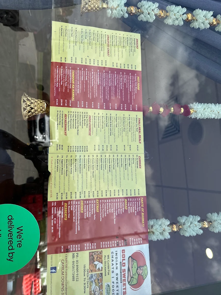 Menu, Gold Sweets Carrum Downs