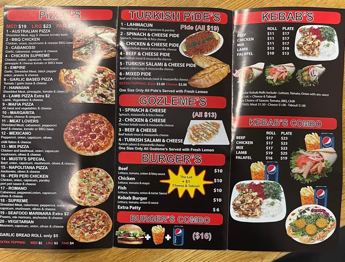 Menu, Mustii's Pide Pizza and Kebabs