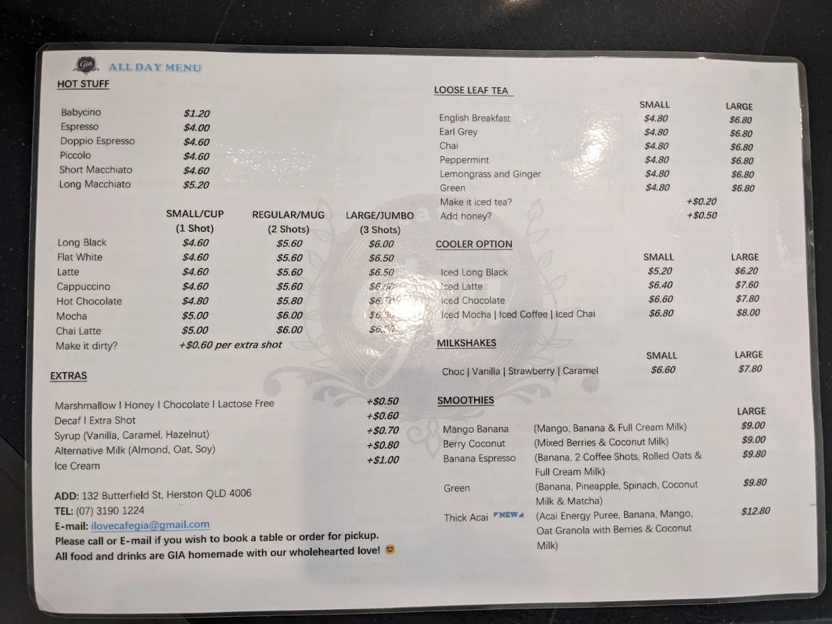 Menu, Cafe Gia
