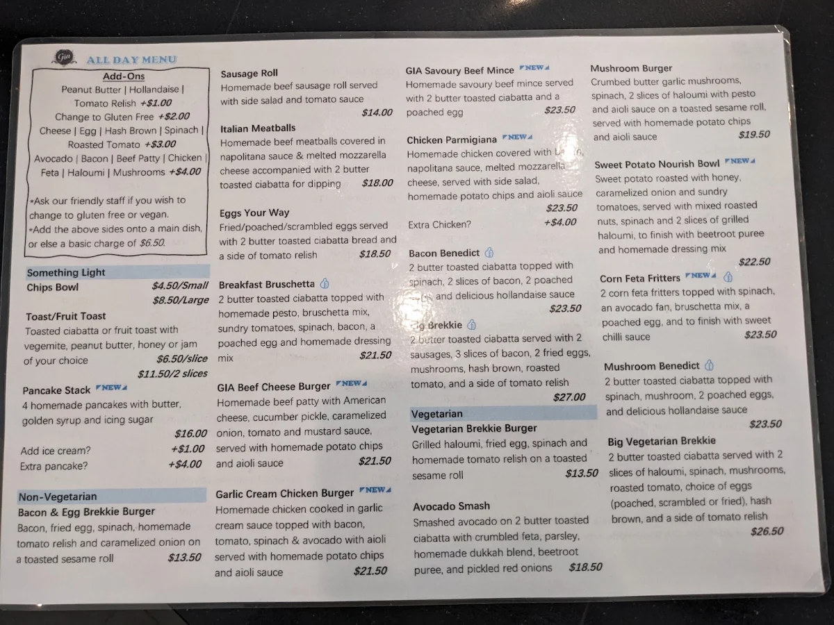 Menu, Cafe Gia