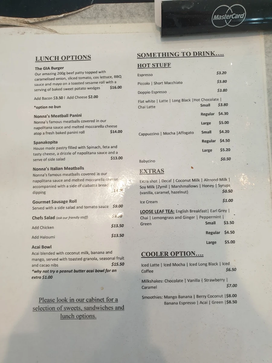 Menu, Cafe Gia