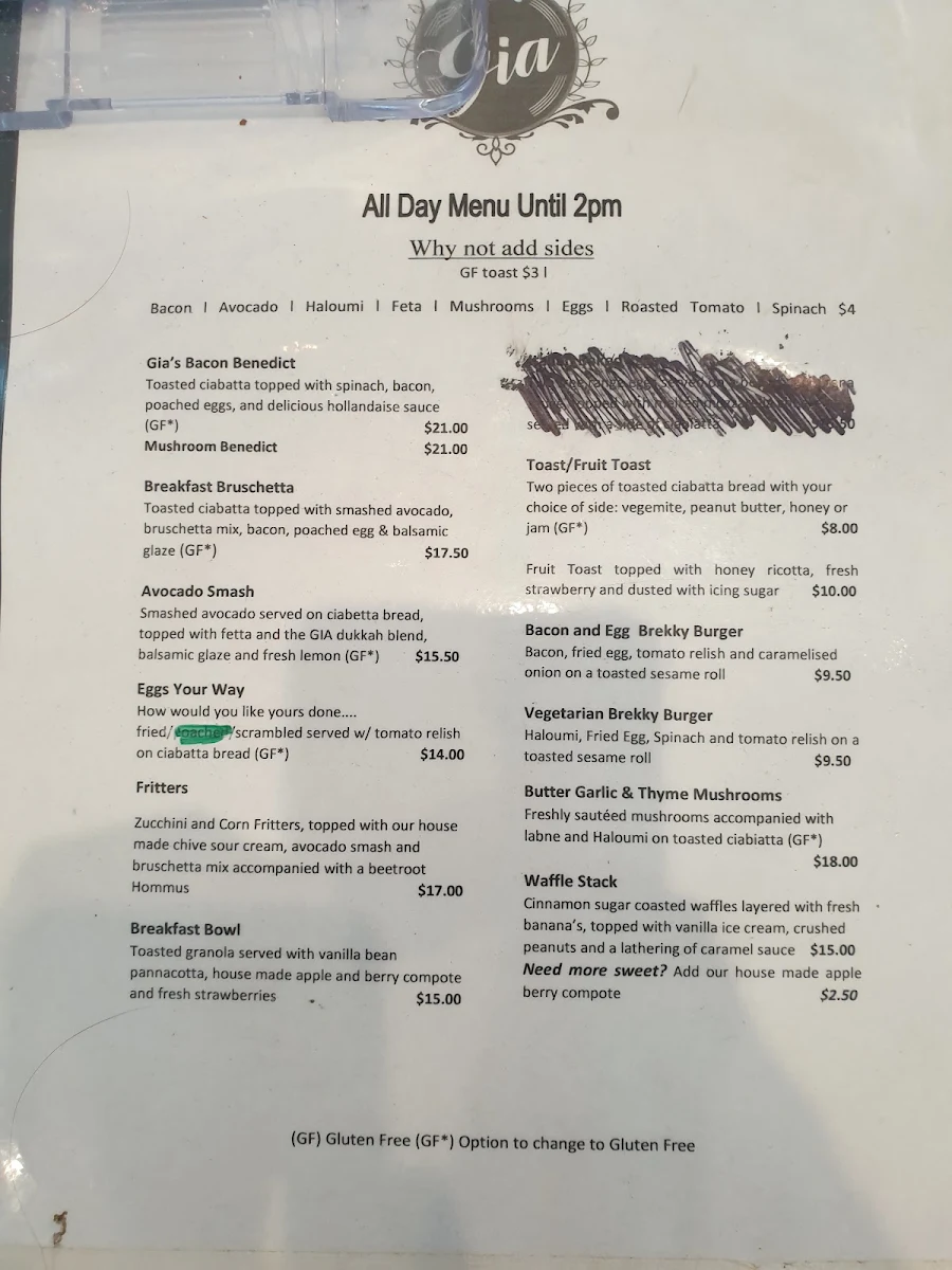 Menu, Cafe Gia