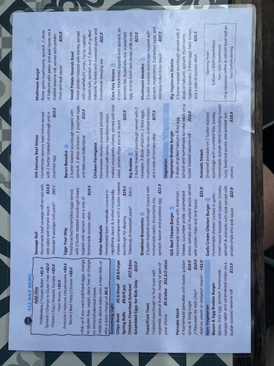 Menu, Cafe Gia
