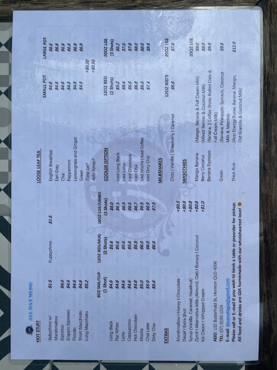 Menu, Cafe Gia