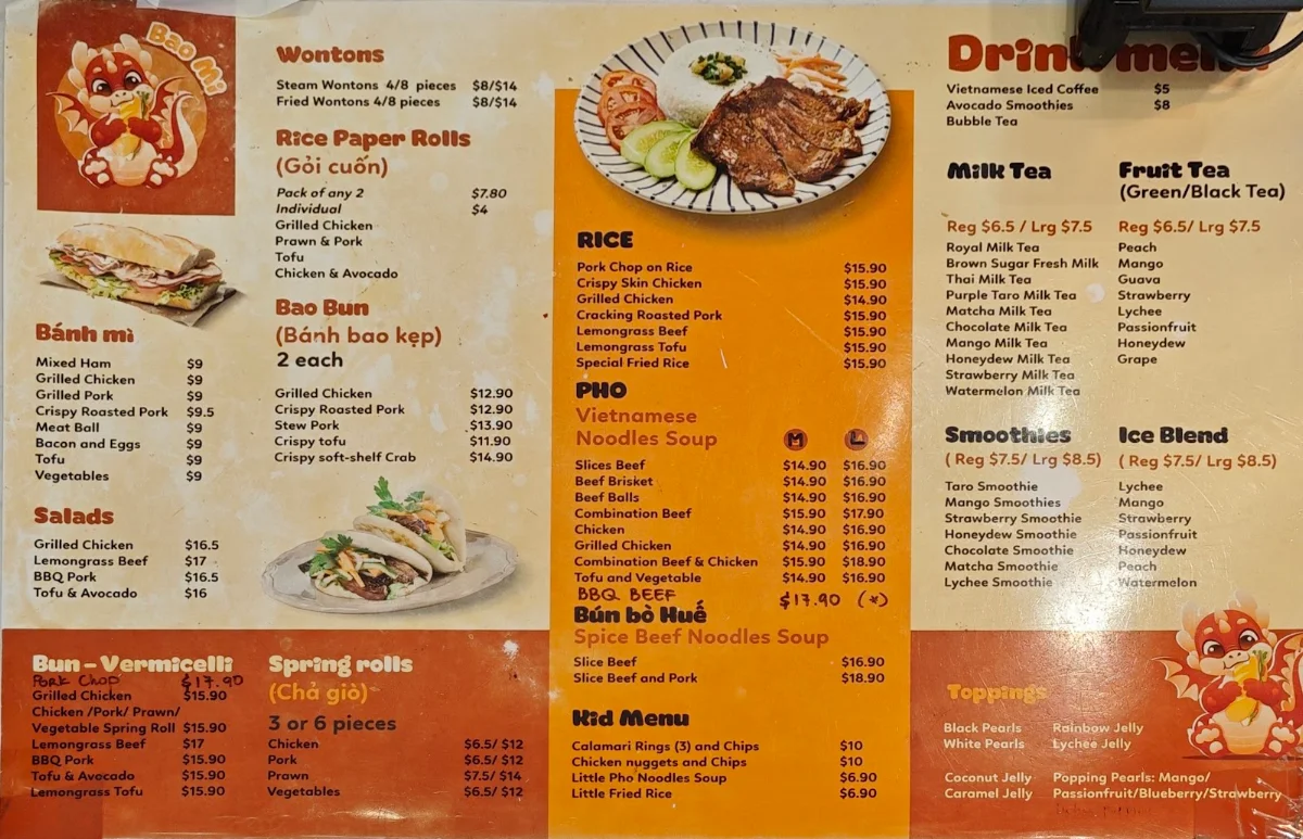 Menu, Bao Mi Templestowe Lower