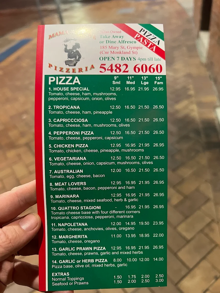 Menu, Mamas and papas pizza