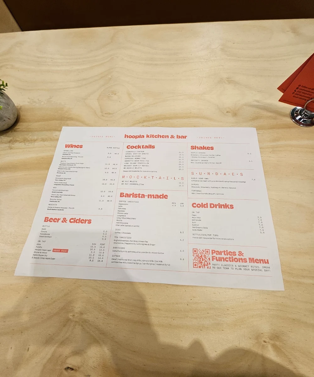 Menu, Hoopla South Morang