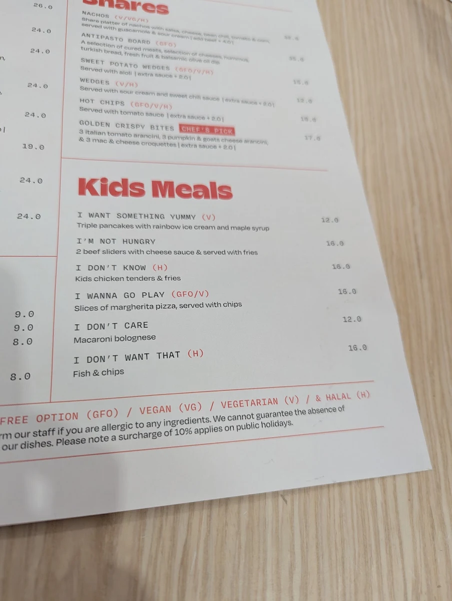 Menu, Hoopla South Morang