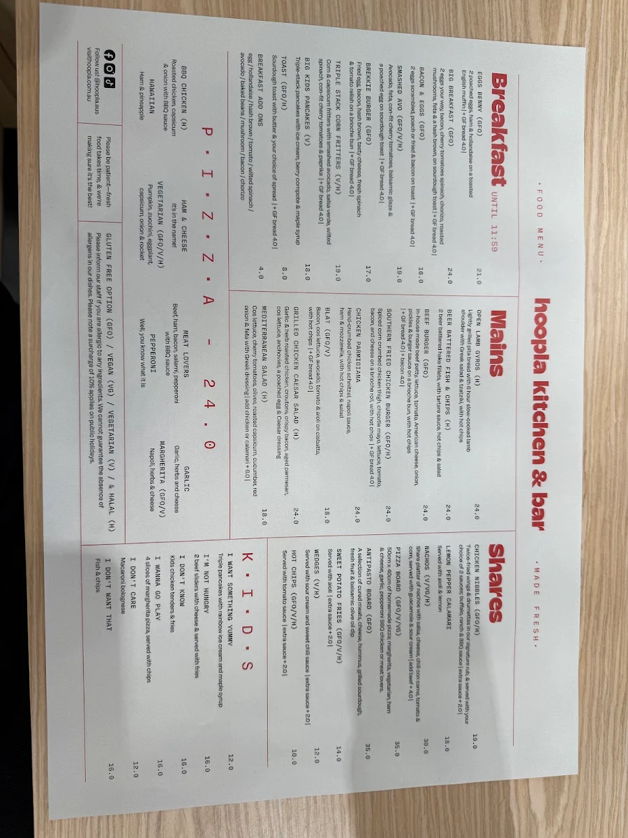 Menu, Hoopla South Morang
