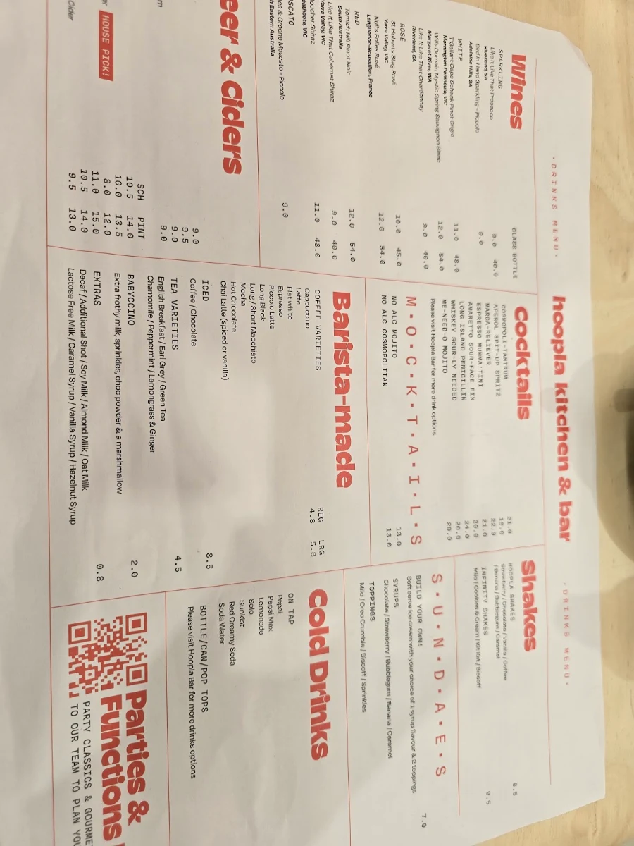 Menu, Hoopla South Morang