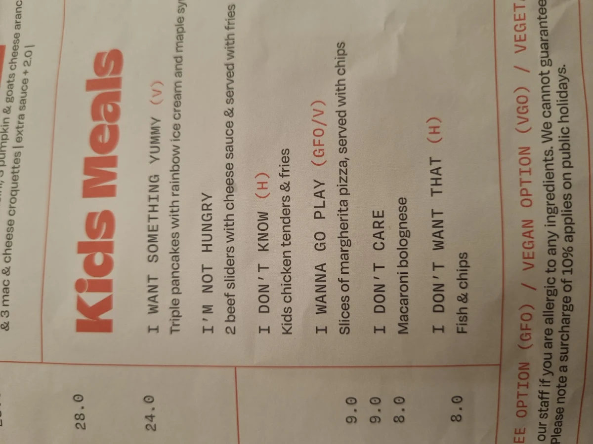 Menu, Hoopla South Morang