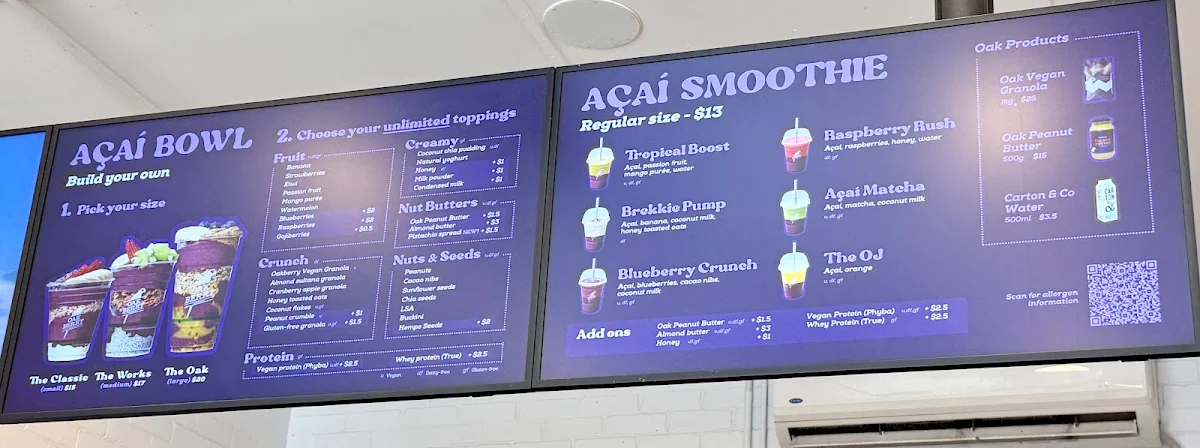 Menu, Oakberry Acai West End