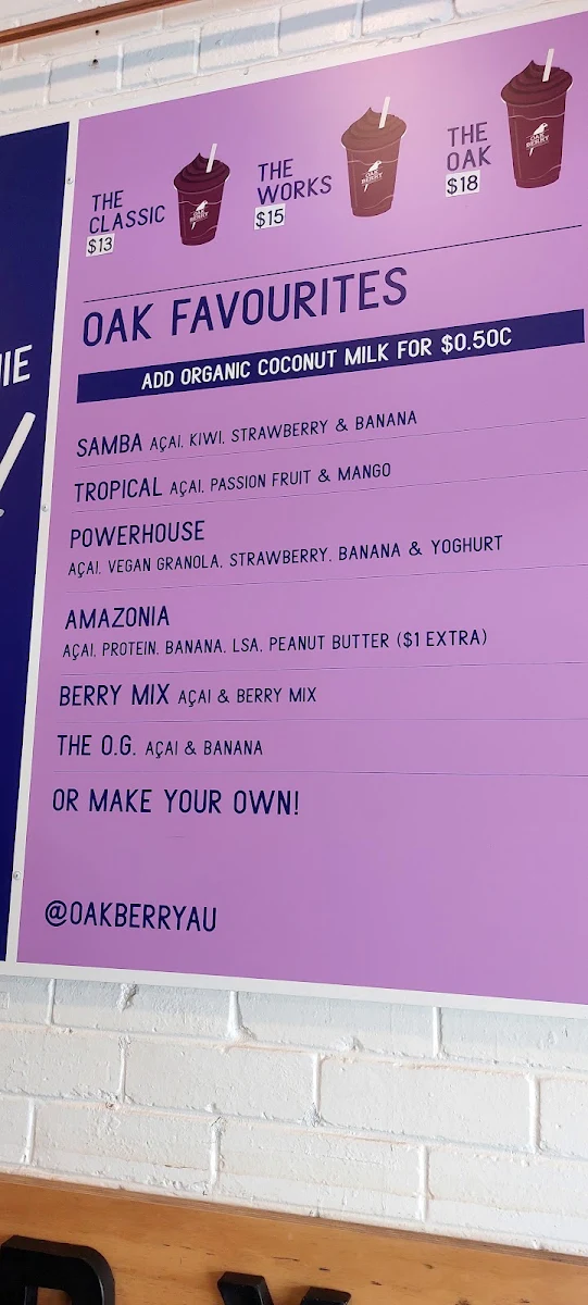 Menu, Oakberry Acai West End