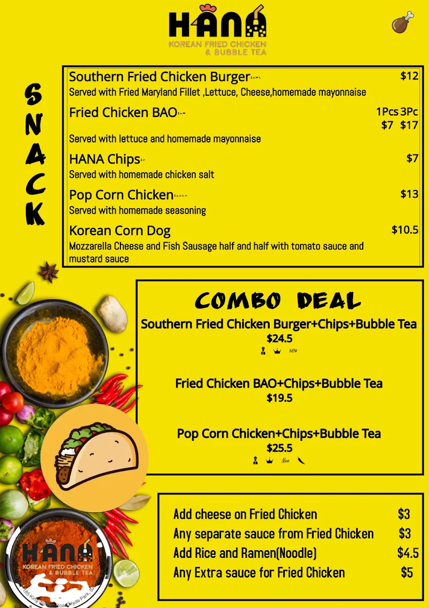Menu, HANA KOREAN FRIED CHICKEN