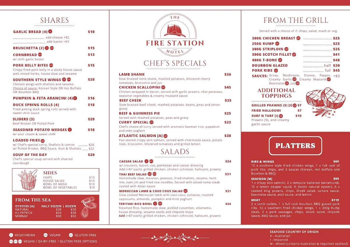 Menu, Fire Station Hotel