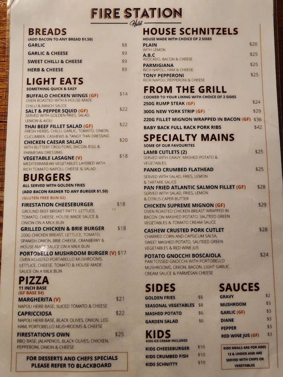 Menu, Fire Station Hotel