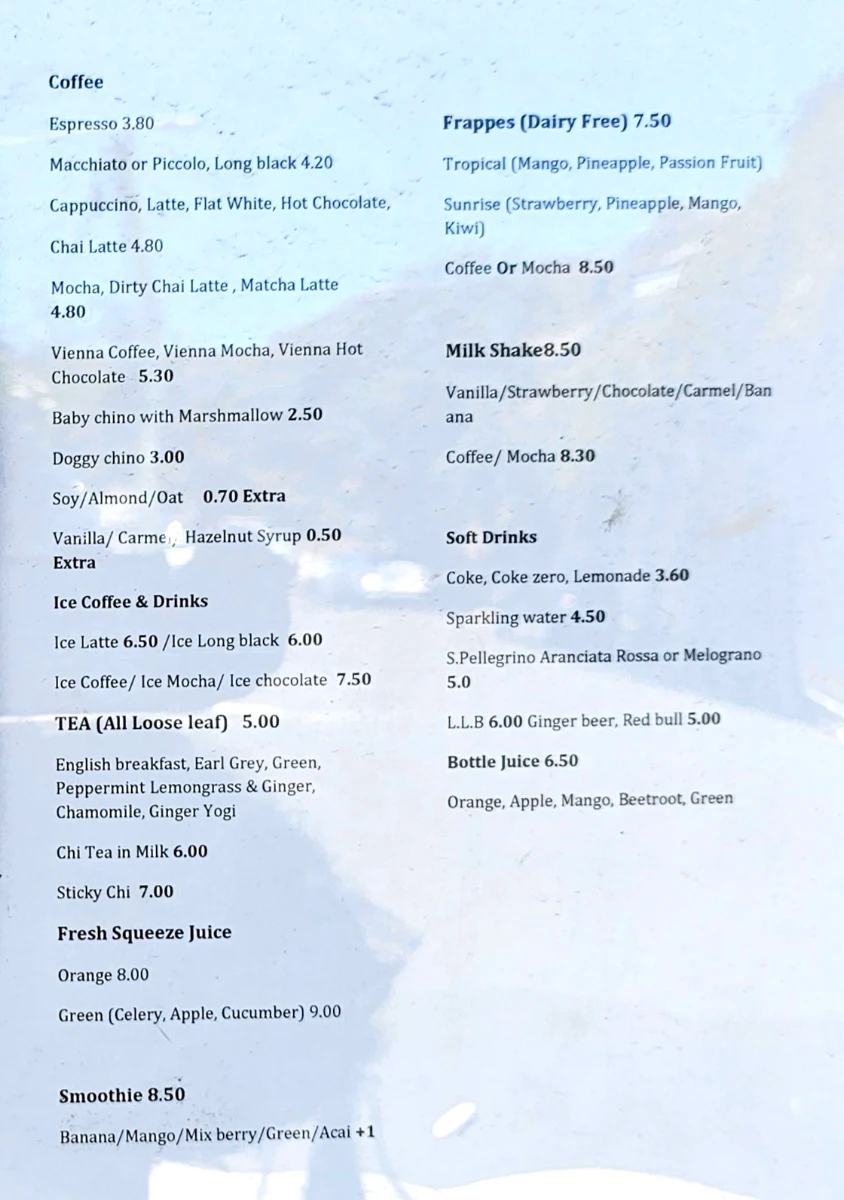Menu, Cafe Milestone Coogee