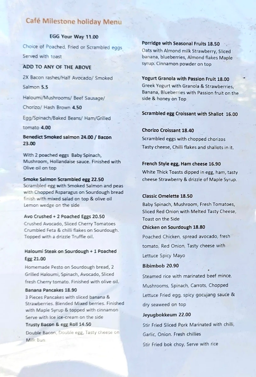 Menu, Cafe Milestone Coogee