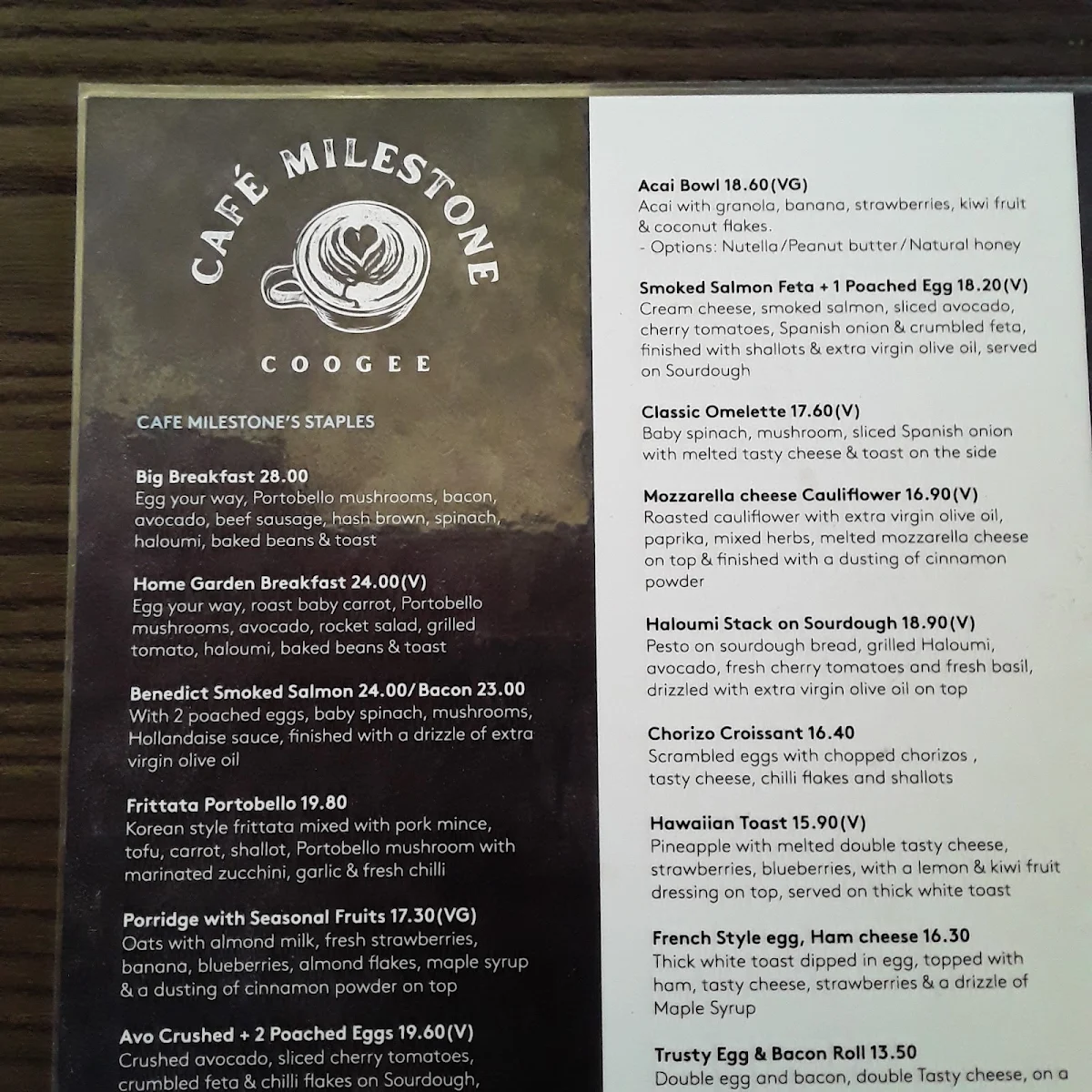 Menu, Cafe Milestone Coogee