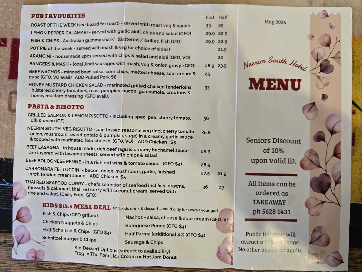 Menu, Neerim South Hotel