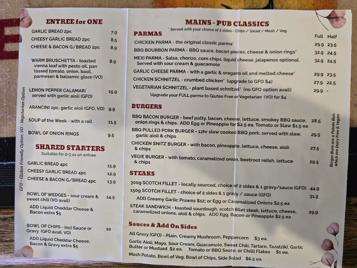 Menu, Neerim South Hotel