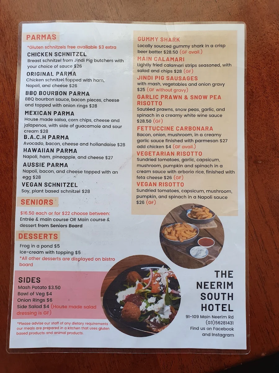 Menu, Neerim South Hotel