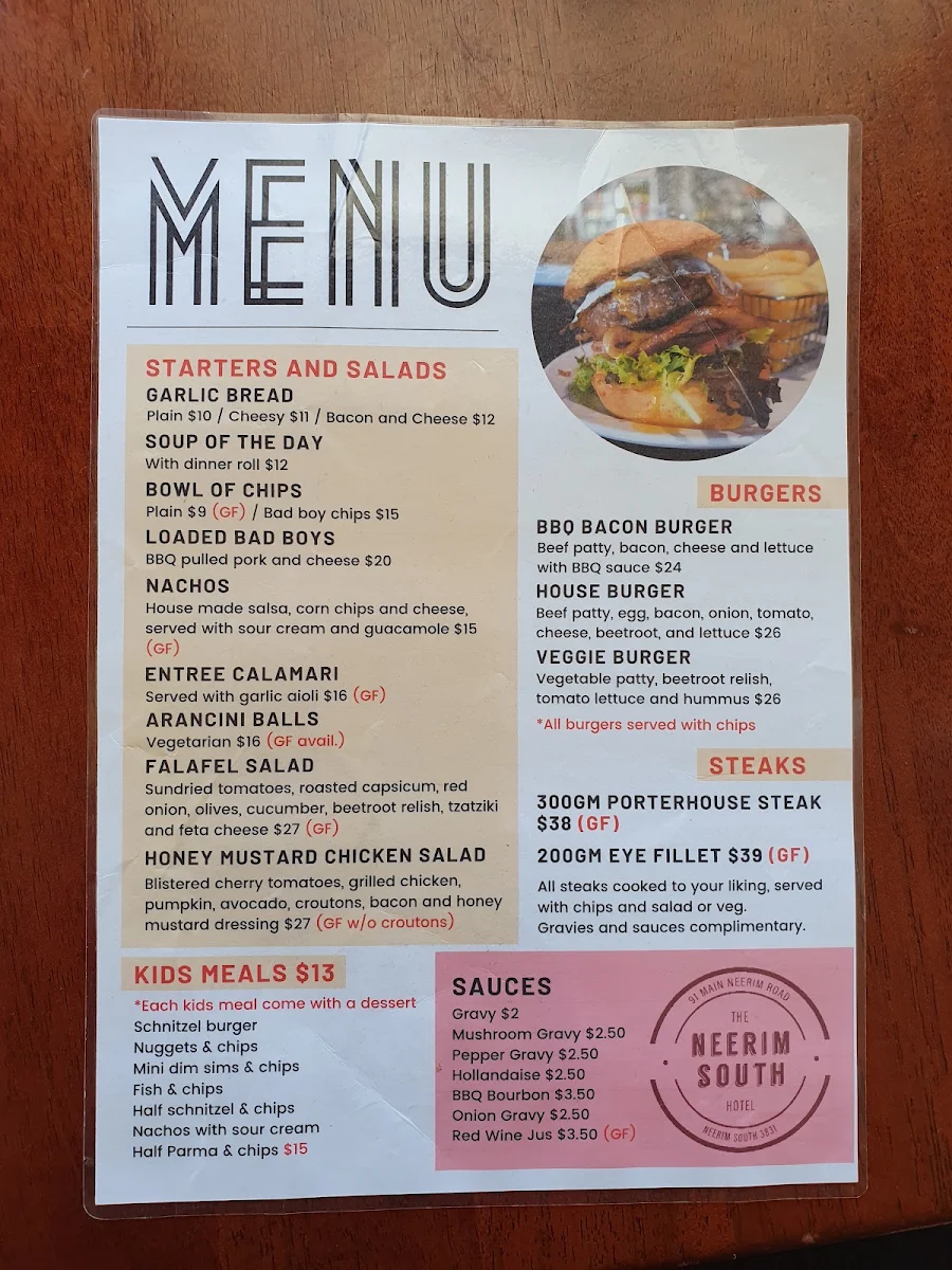 Menu, Neerim South Hotel