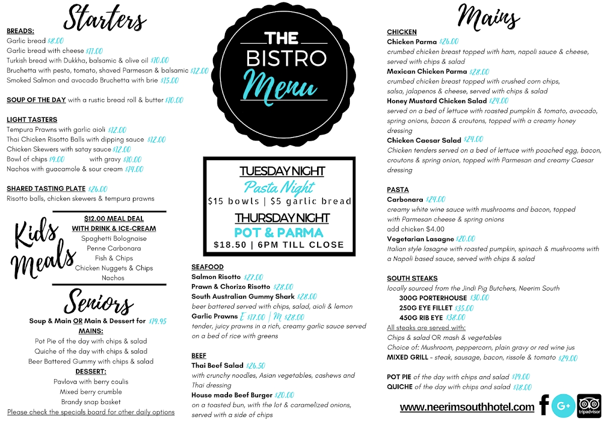 Menu, Neerim South Hotel