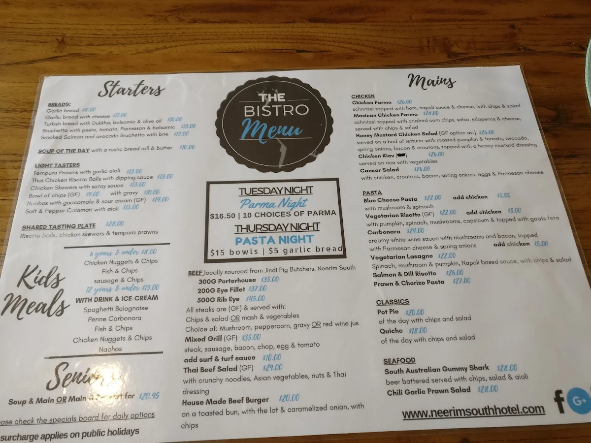 Menu, Neerim South Hotel