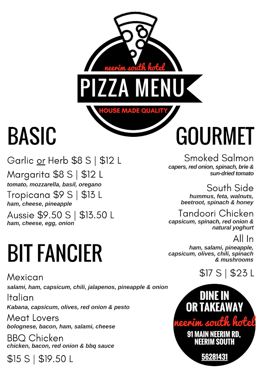 Menu, Neerim South Hotel