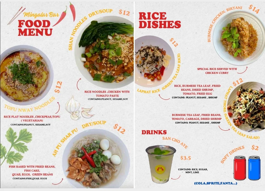 Menu, Mingalar Bar