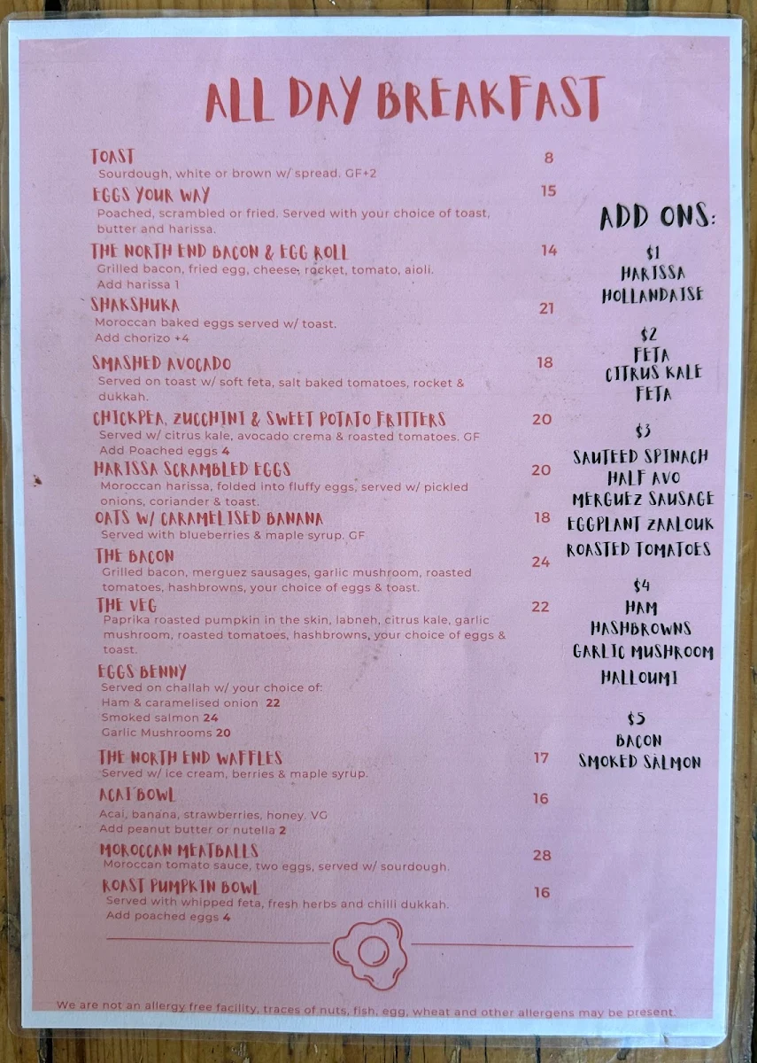Menu, The North End Cafe