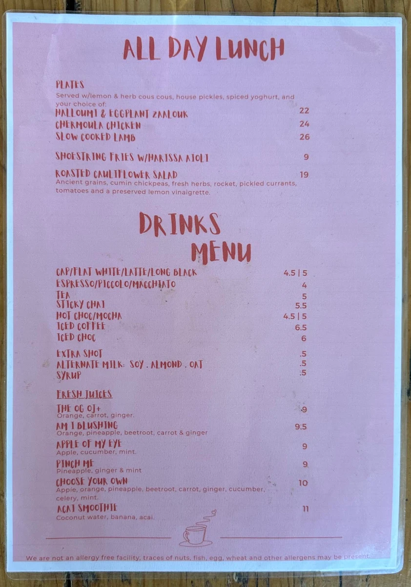 Menu, The North End Cafe